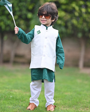 GREEN KURTA WHITE TROUSER AND WHITE WAISTCOAT
