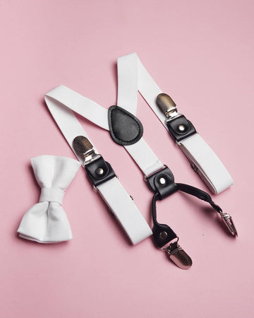 WHITE SUSPENDER WITH PLAIN WHITE BOW TIE