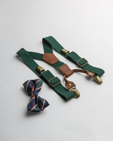DARK GREEN SUSPENDER & PRINTED BOW TIE
