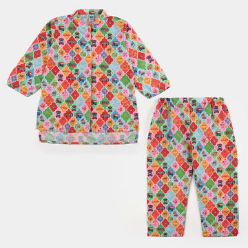 Infant Girls Poly Net Printed 2Pcs RikShaw-Multi