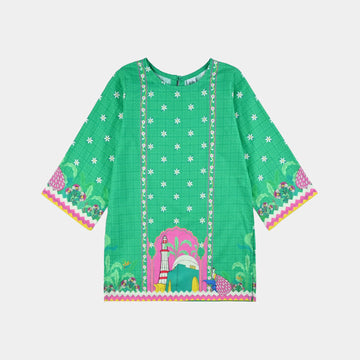 Girls Cotton Printed Kurti Peacock Ind-GREEN