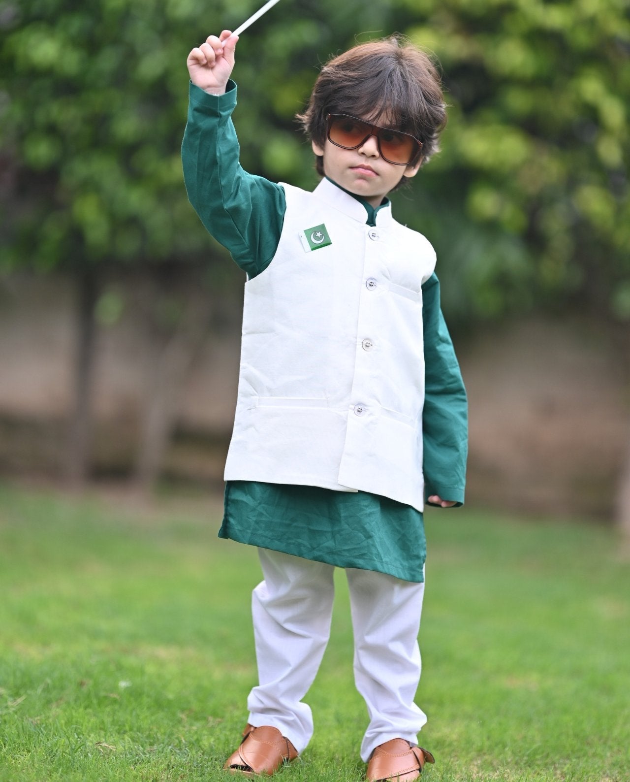 GREEN KURTA WHITE TROUSER AND WHITE WAISTCOAT