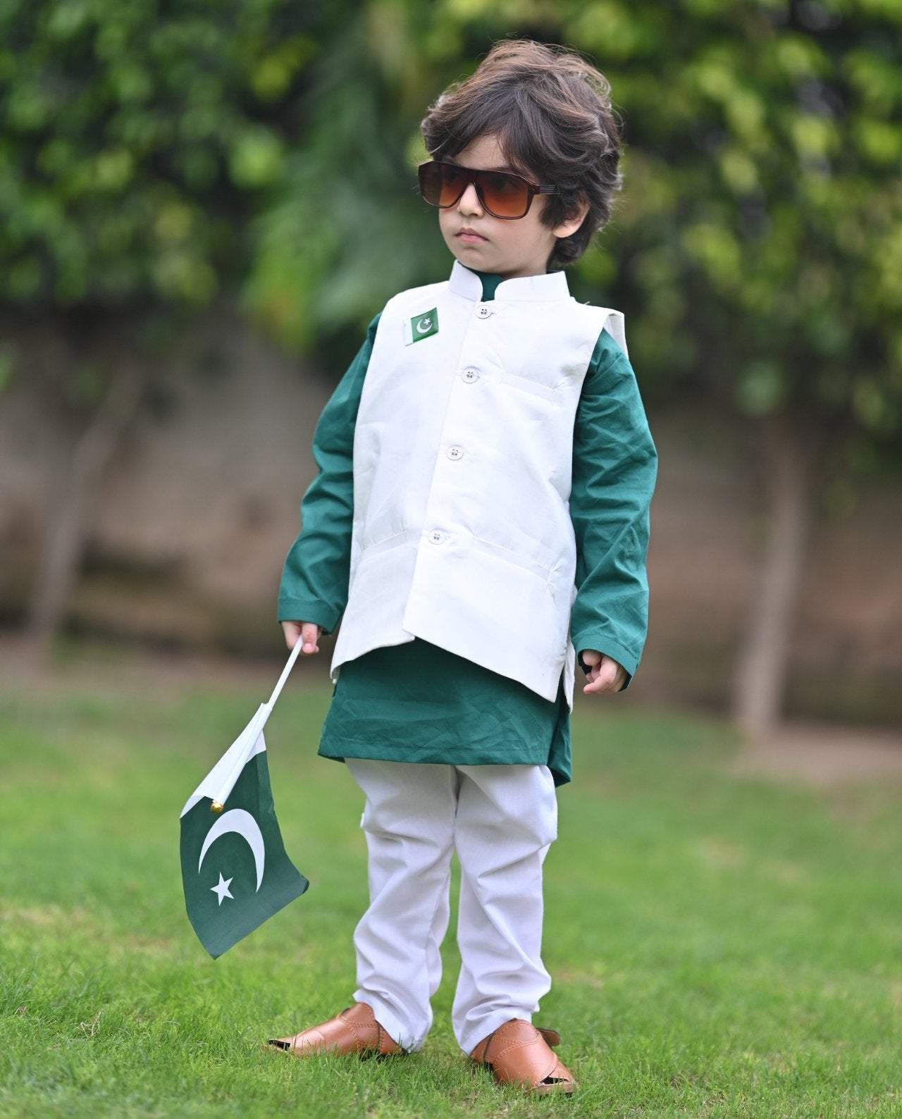 GREEN KURTA WHITE TROUSER AND WHITE WAISTCOAT