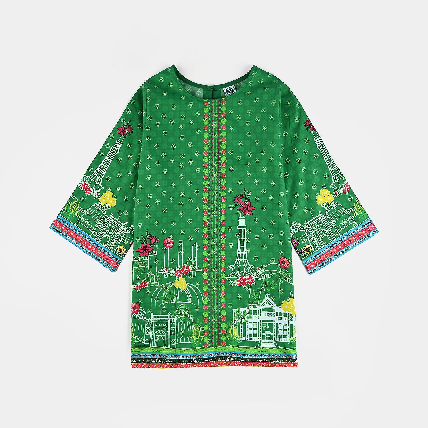 Girls Cotton Printed Kurti Floral Monuments Ind-GREEN