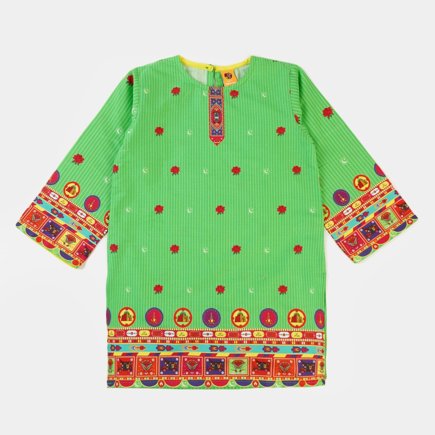 Girls Cotton Independence Kurti Truck Art - Green