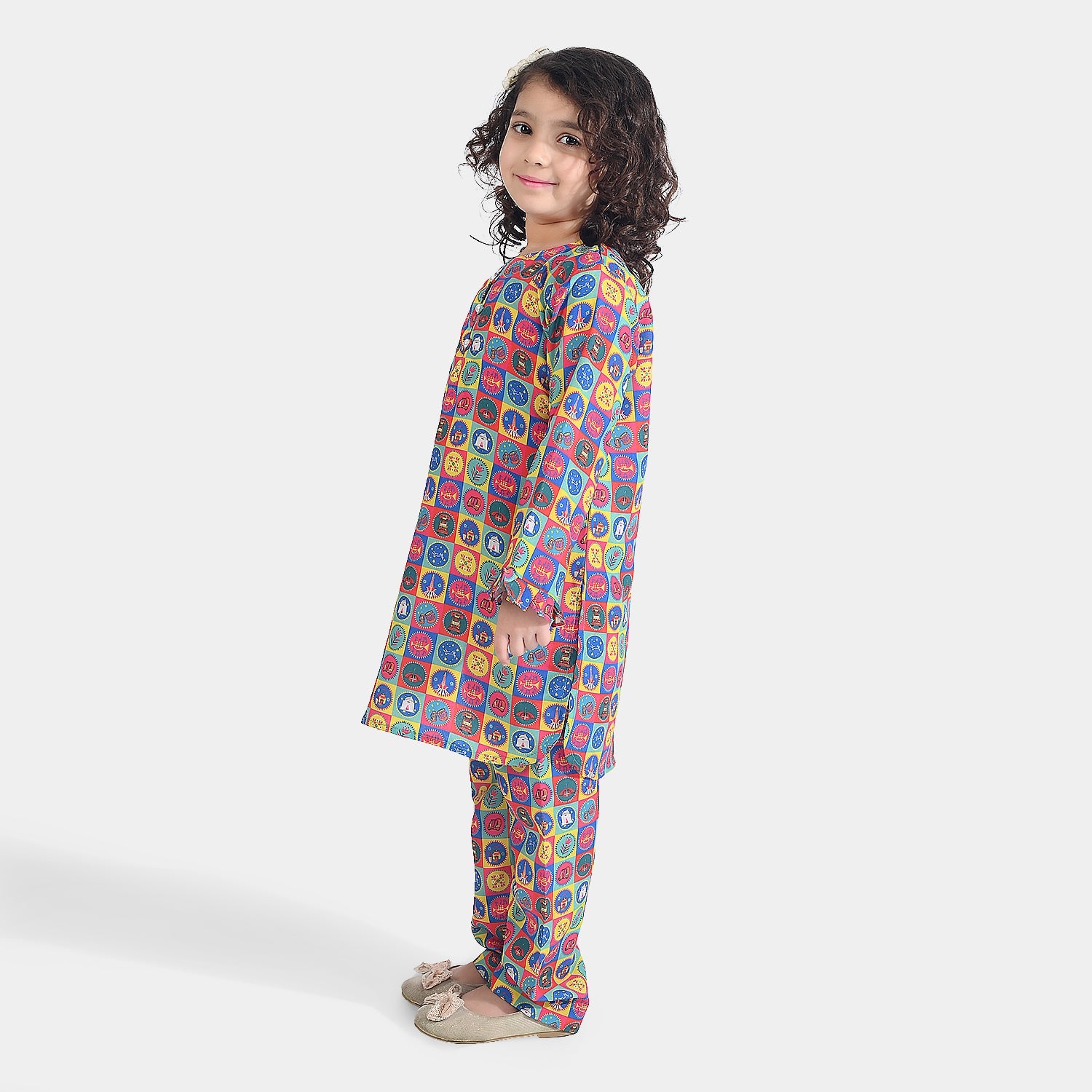 Girls Poly Net Printed 2Pcs Color Blocks Ind-Multi