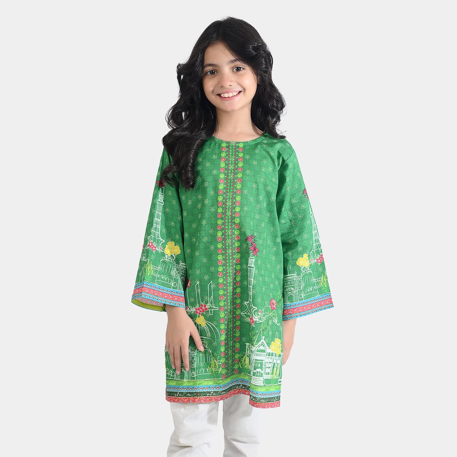 Girls Cotton Printed Kurti Floral Monuments Ind-GREEN