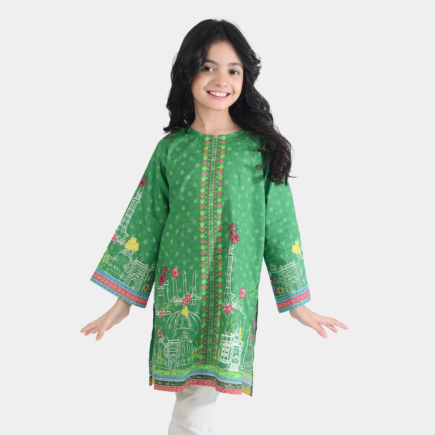 Girls Cotton Printed Kurti Floral Monuments Ind-GREEN