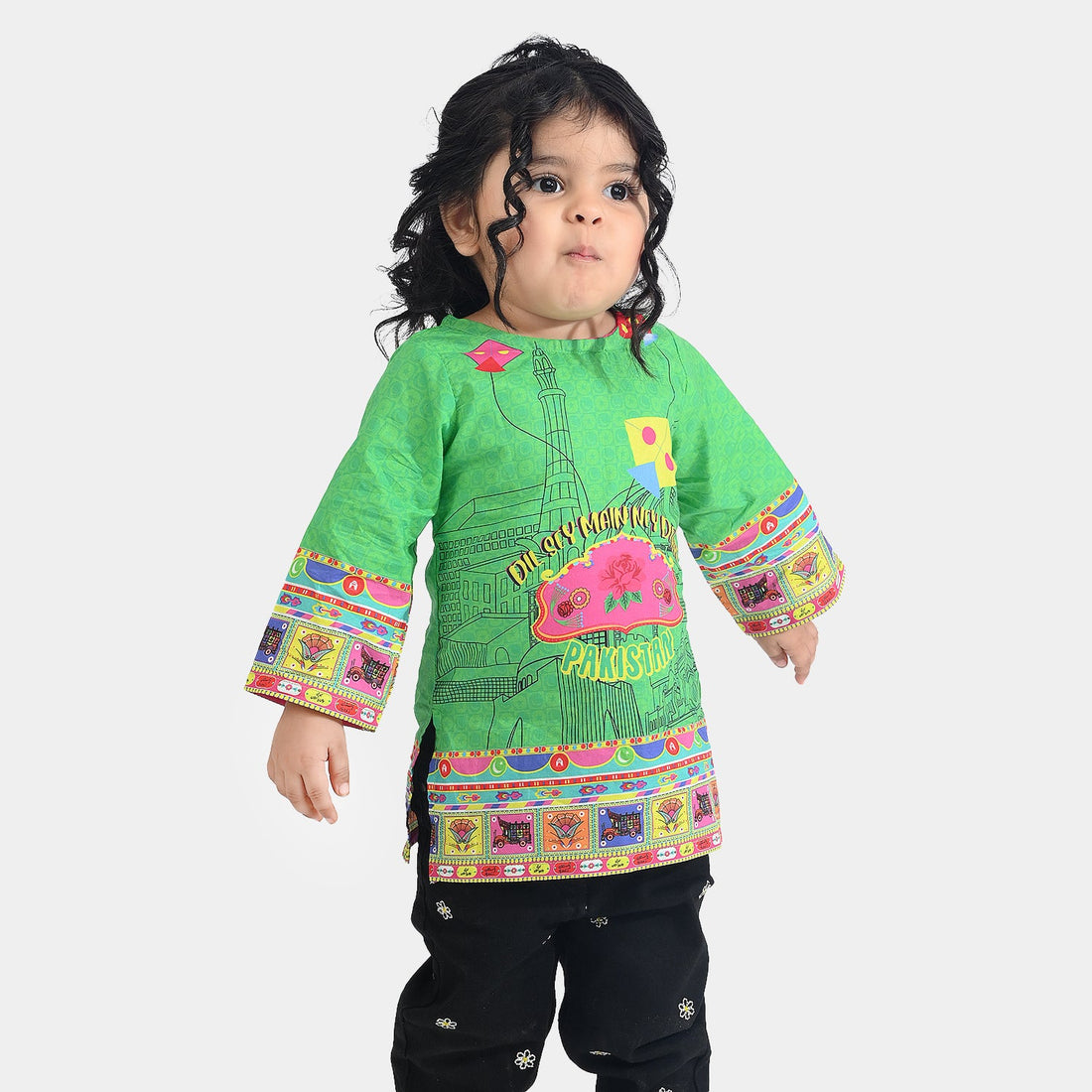 Infant Girls Cotton Printed Kurti Dill Sa Pakistan Ind-L.Green