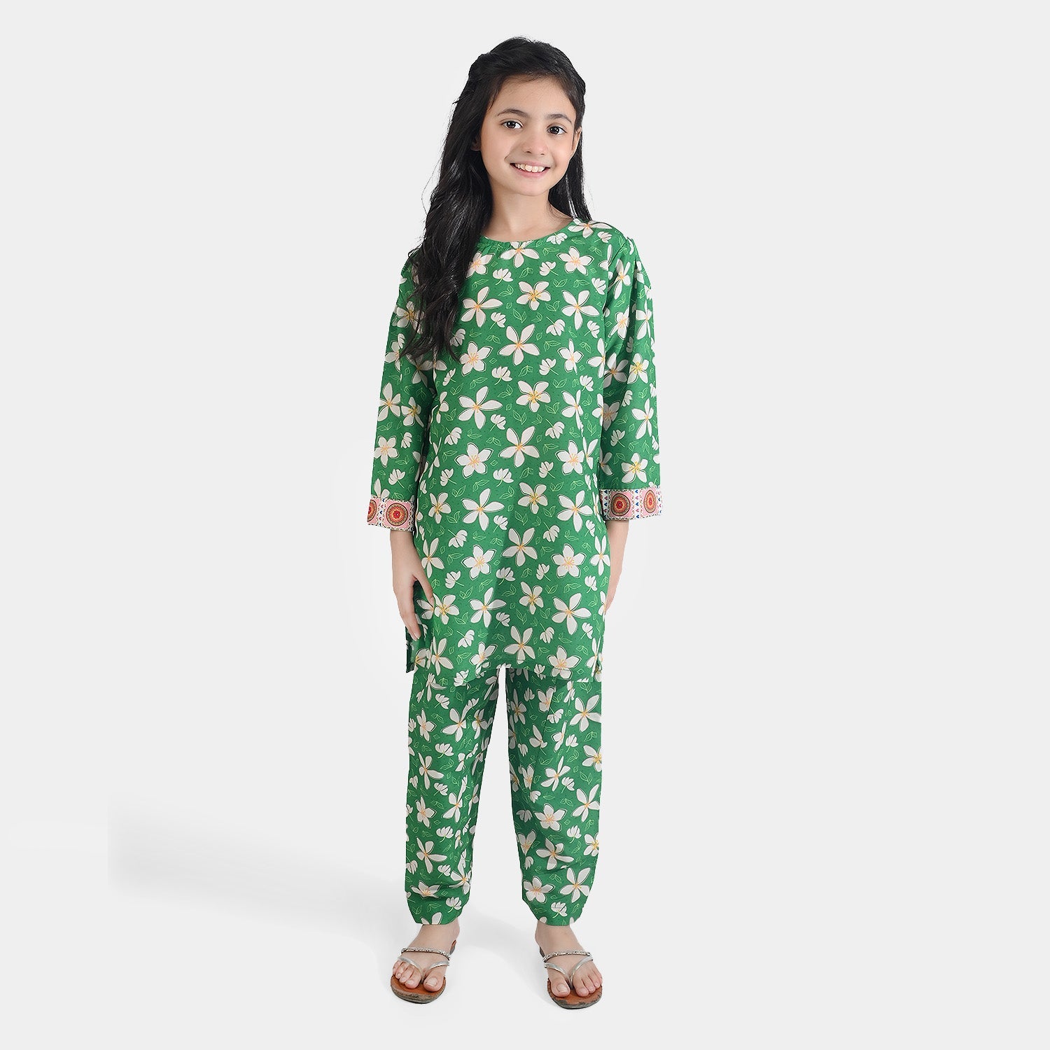 Girls Poly Net Printed 2Pcs Suit Desi Jasmine Ind-GREEN