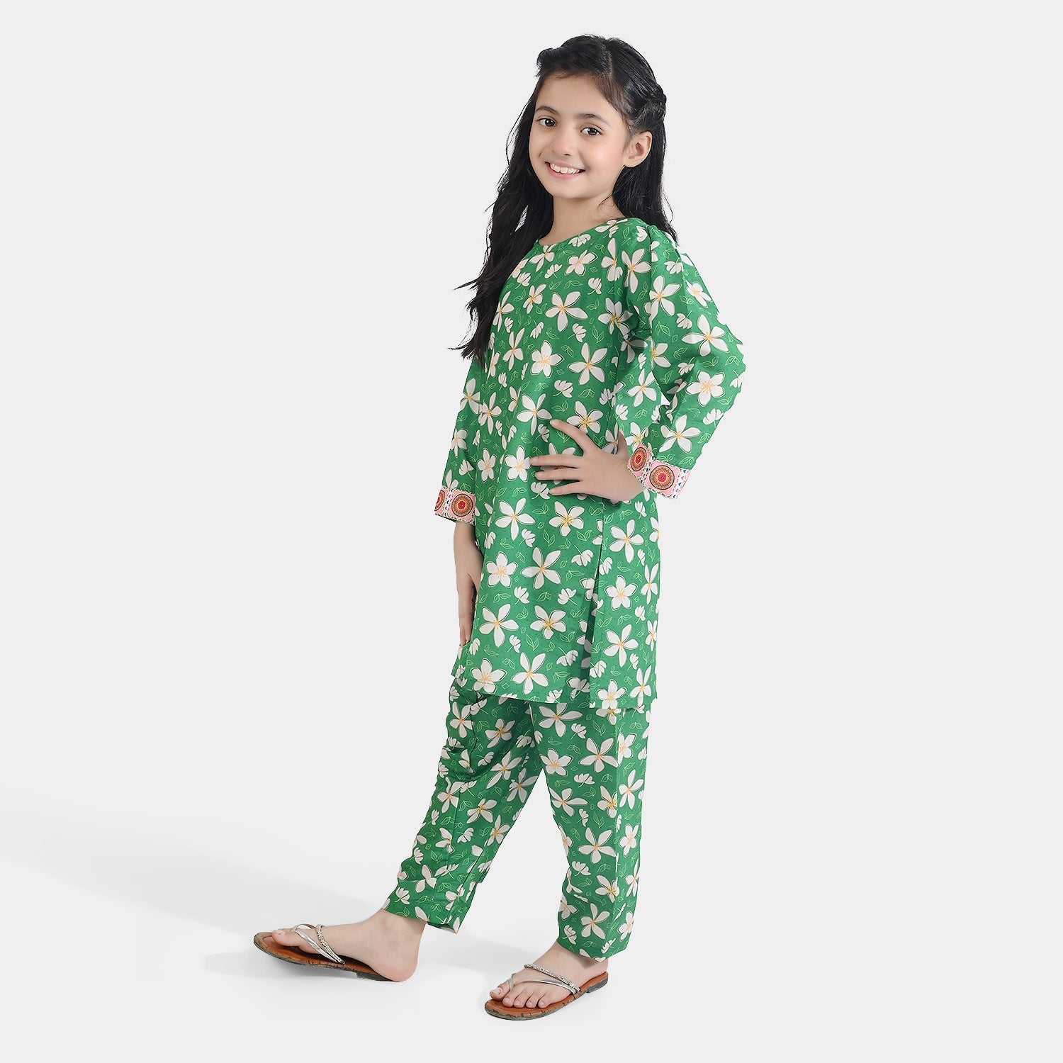 Girls Poly Net Printed 2Pcs Suit Desi Jasmine Ind-GREEN