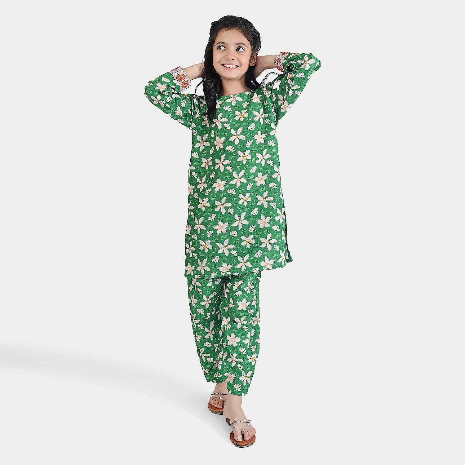 Girls Poly Net Printed 2Pcs Suit Desi Jasmine Ind-GREEN