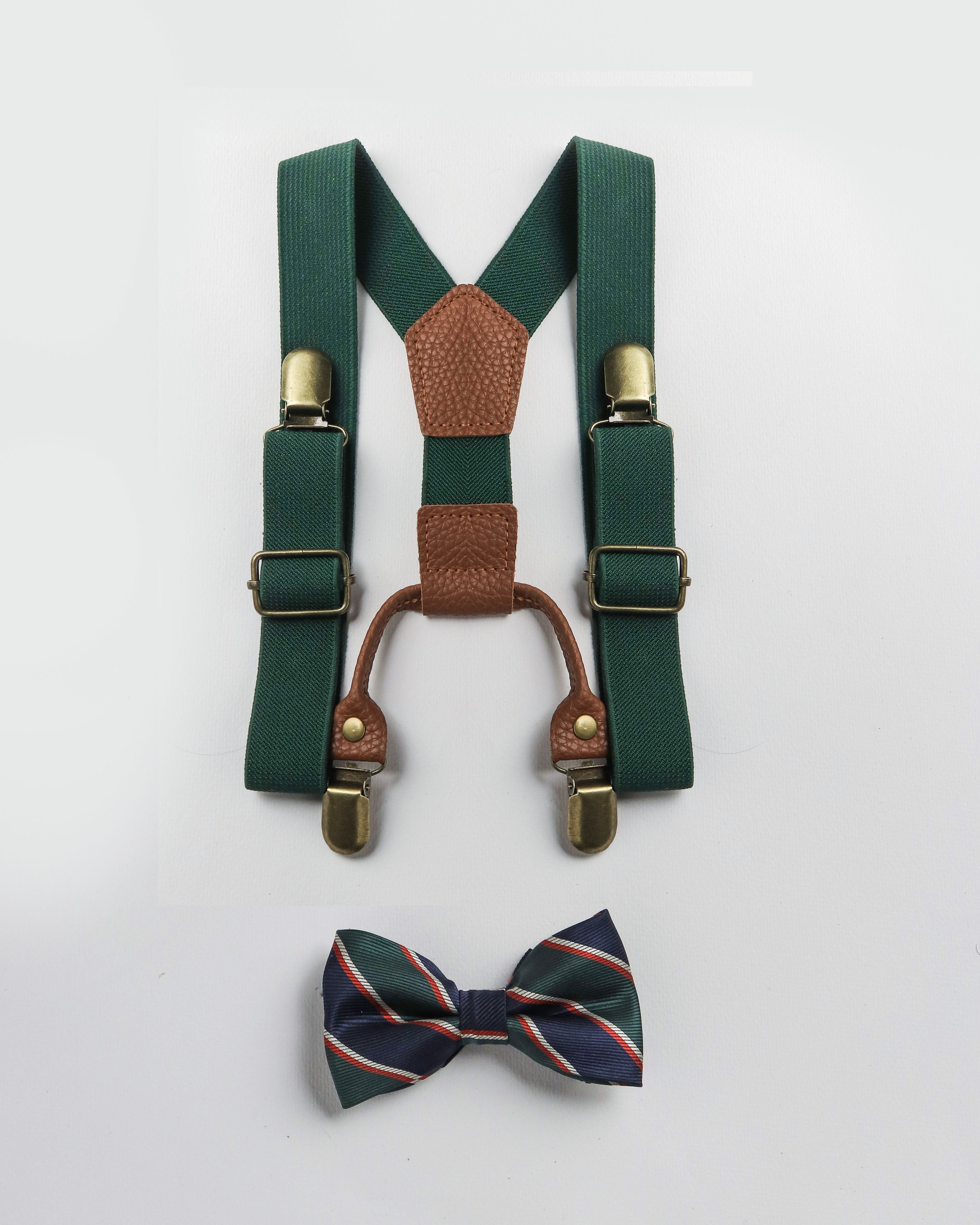 DARK GREEN SUSPENDER & PRINTED BOW TIE