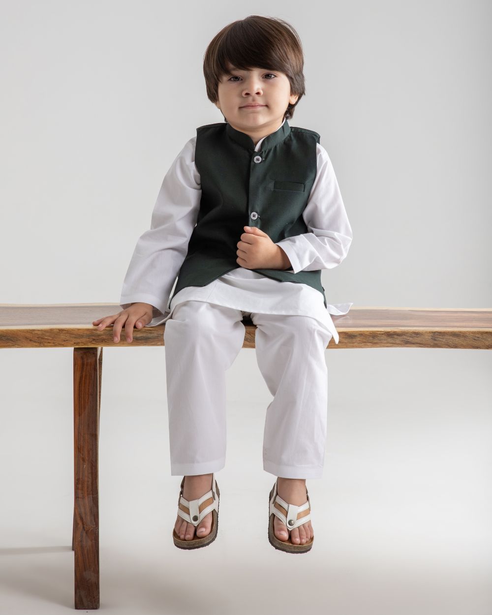 WHITE KURTA TROUSER & DARK GREEN WAISTCOAT
