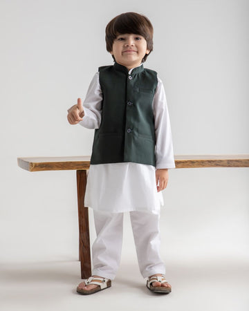 WHITE KURTA TROUSER & DARK GREEN WAISTCOAT