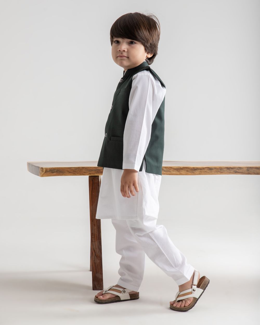WHITE KURTA TROUSER & DARK GREEN WAISTCOAT