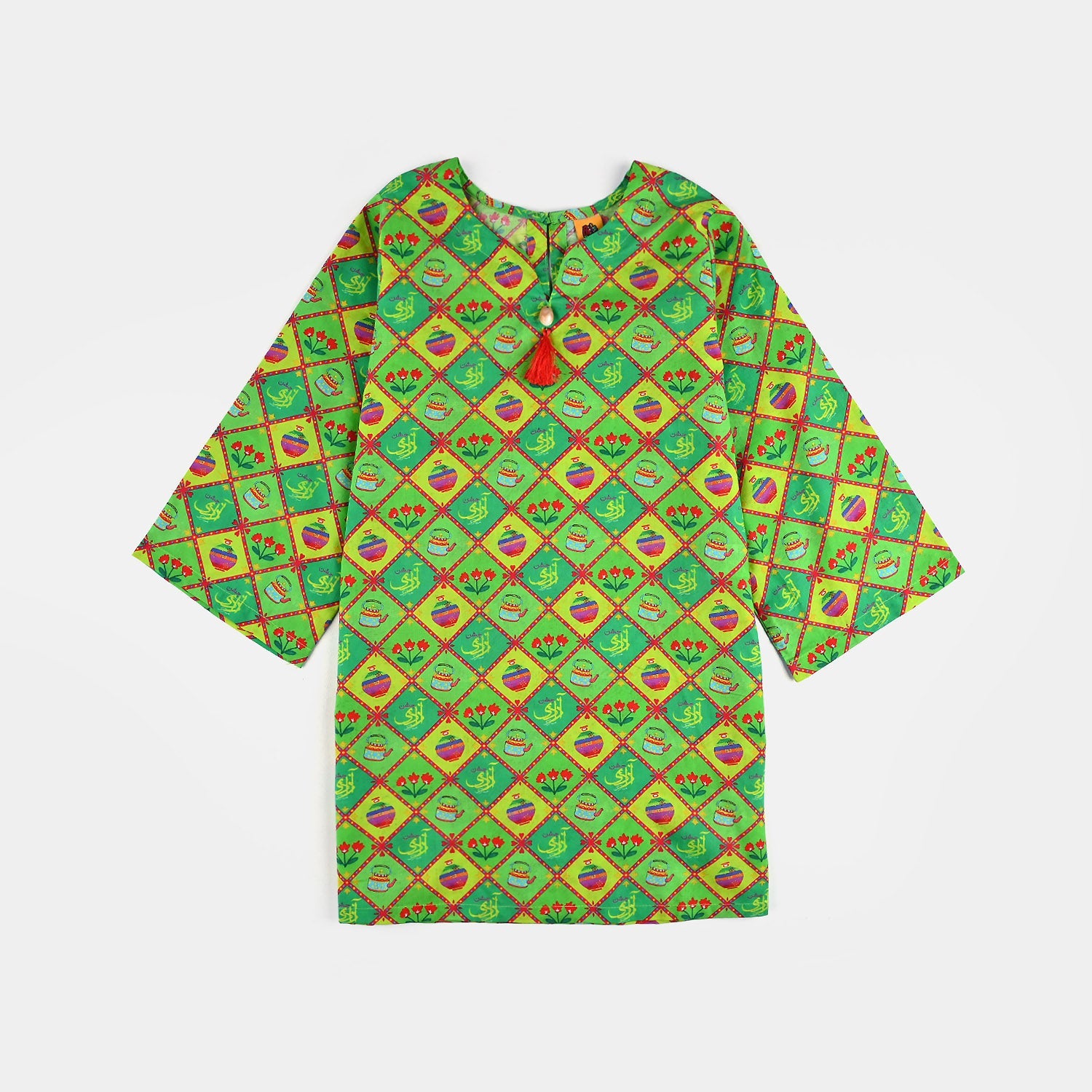 Infant Girls Cotton Printed Kurti Kettle And Flowers Ind-Multi